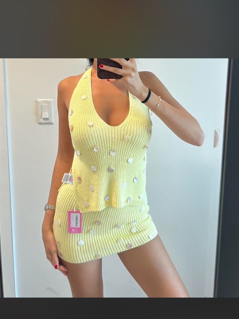Edikted Yellow Knit Halter Mini Skirt Set with White Dot Accents